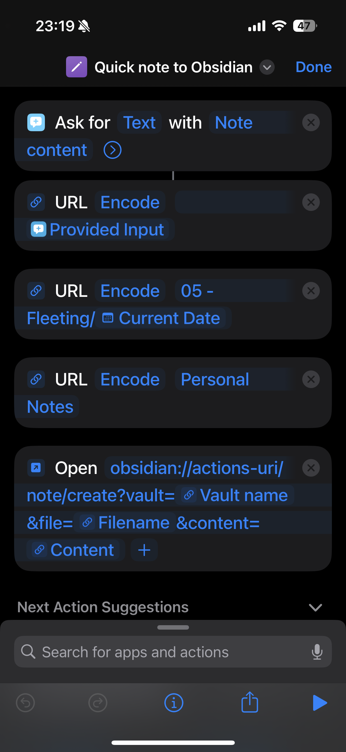 Screenshot of the iOS Shortcuts app depicting an overview of the shortcut